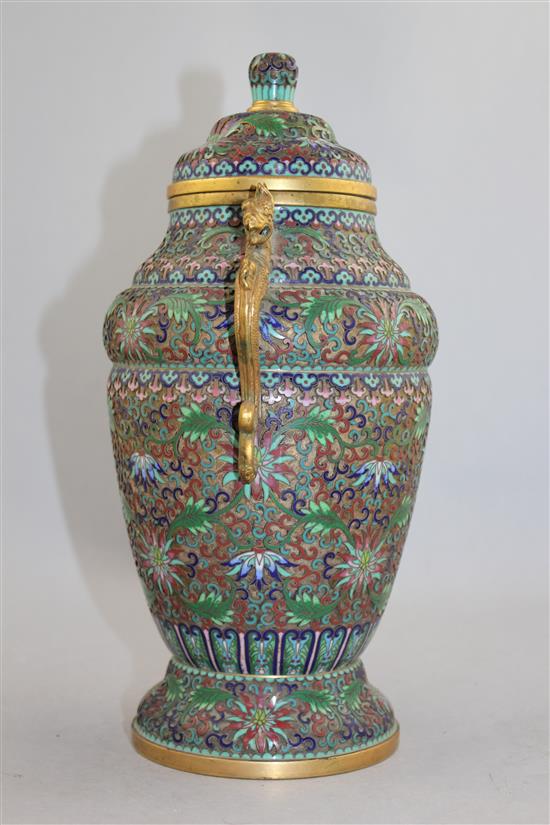 A Chinese bronze and cloisonne enamel vase and cover, early 20th century, 28.5cm